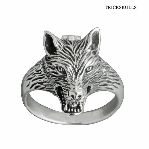 New Retro Wolf Head Poison Pill Secret Compartment Locket Ring 8 9 10 11 12 13 - Picture 3 of 9